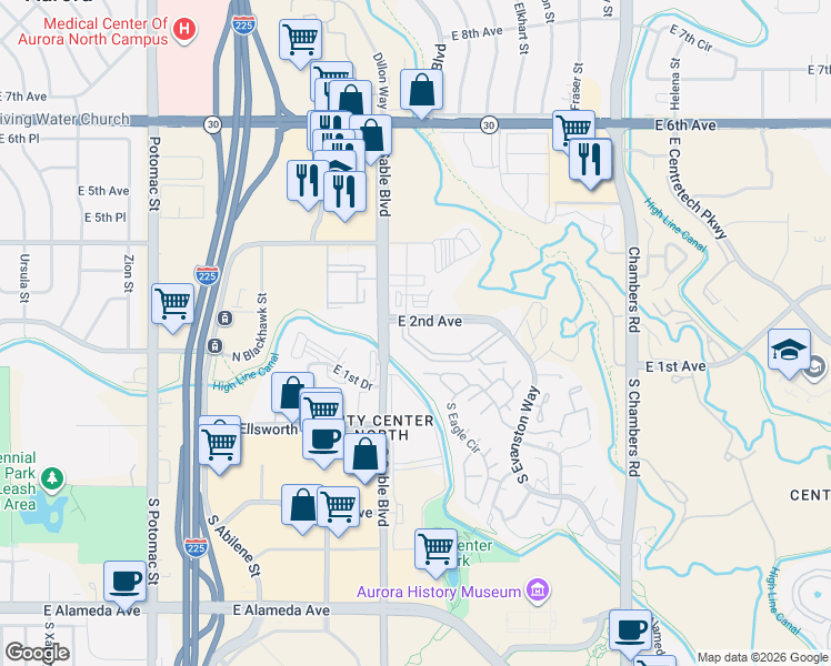 map of restaurants, bars, coffee shops, grocery stores, and more near 201 South Dearborn Circle in Aurora