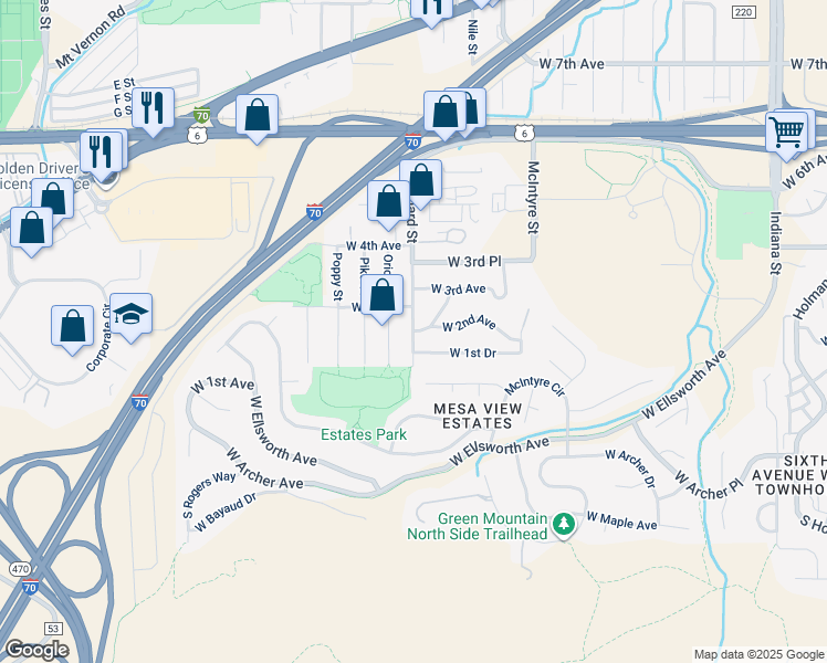 map of restaurants, bars, coffee shops, grocery stores, and more near West 2nd Avenue in Golden