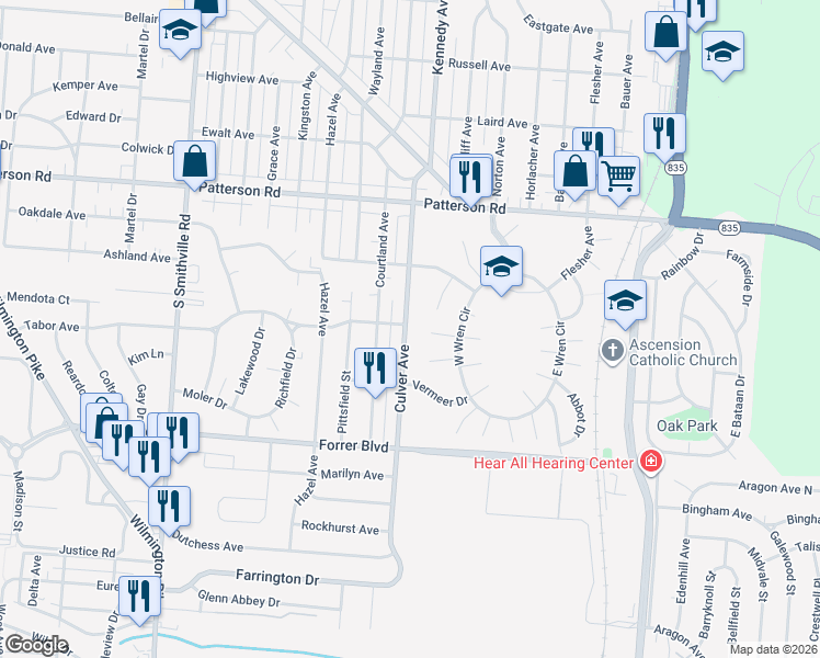 map of restaurants, bars, coffee shops, grocery stores, and more near 1941 Culver Avenue in Dayton