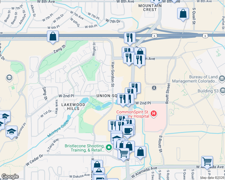 map of restaurants, bars, coffee shops, grocery stores, and more near Van Gordon Street in Denver