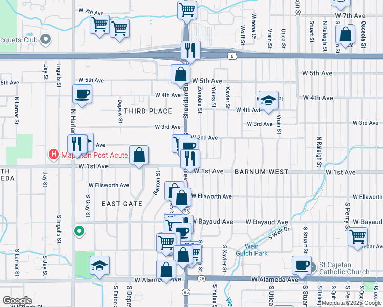 map of restaurants, bars, coffee shops, grocery stores, and more near 180 Sheridan Boulevard in Denver
