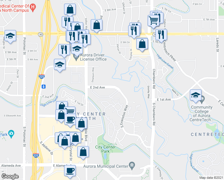 map of restaurants, bars, coffee shops, grocery stores, and more near 14805 East 2nd Avenue in Aurora