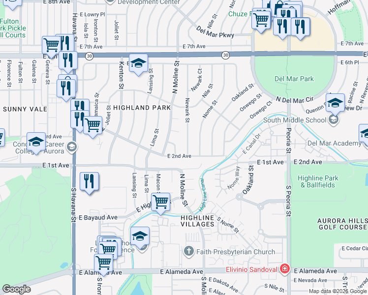 map of restaurants, bars, coffee shops, grocery stores, and more near 312 Newark Street in Aurora