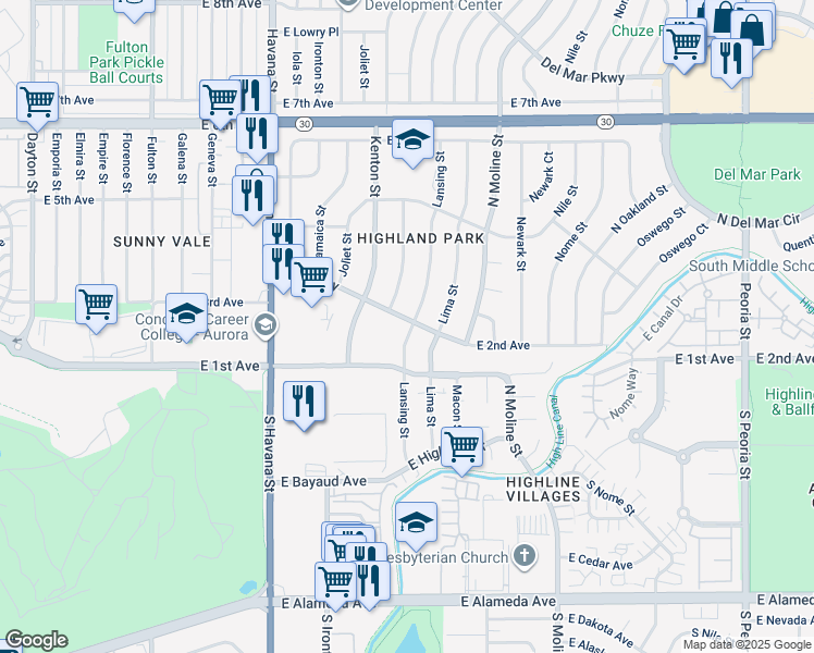 map of restaurants, bars, coffee shops, grocery stores, and more near 301 Lansing Street in Aurora