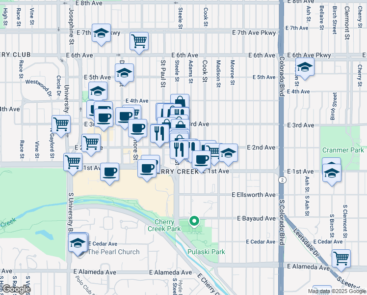 map of restaurants, bars, coffee shops, grocery stores, and more near in Denver