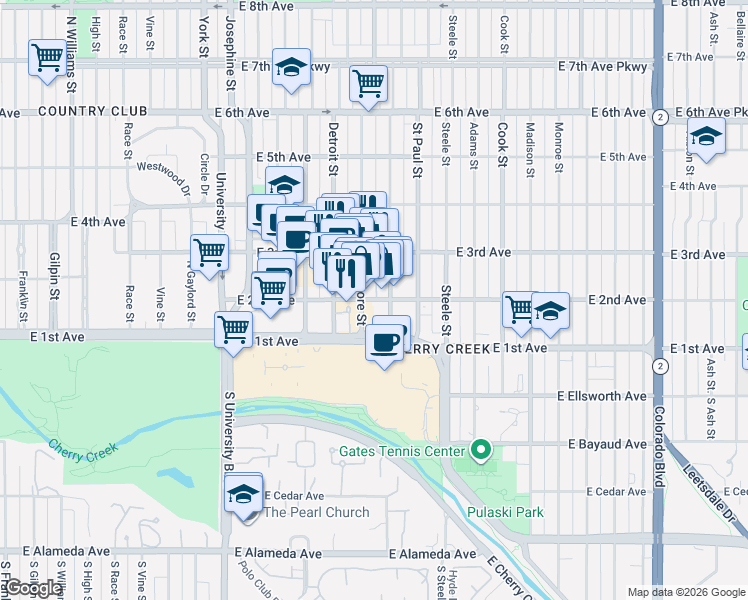 map of restaurants, bars, coffee shops, grocery stores, and more near 250 Fillmore Street in Denver