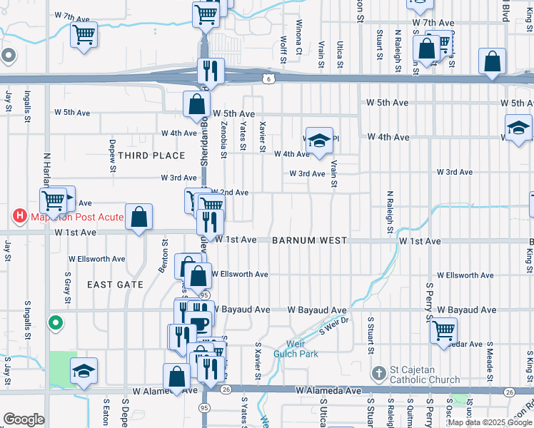 map of restaurants, bars, coffee shops, grocery stores, and more near 189 Xavier Street in Denver