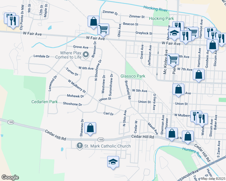 map of restaurants, bars, coffee shops, grocery stores, and more near 505 Summitview Drive in Lancaster