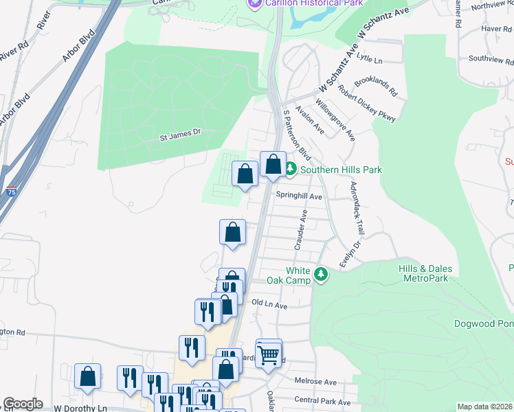 map of restaurants, bars, coffee shops, grocery stores, and more near 2411 South Dixie Drive in Dayton