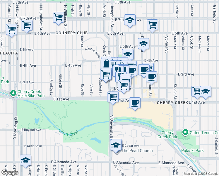 map of restaurants, bars, coffee shops, grocery stores, and more near 1634 East 2nd Avenue in Denver