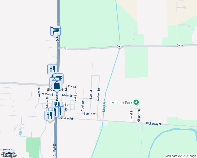 map of restaurants, bars, coffee shops, grocery stores, and more near 5015 Nelson Drive in South Bloomfield