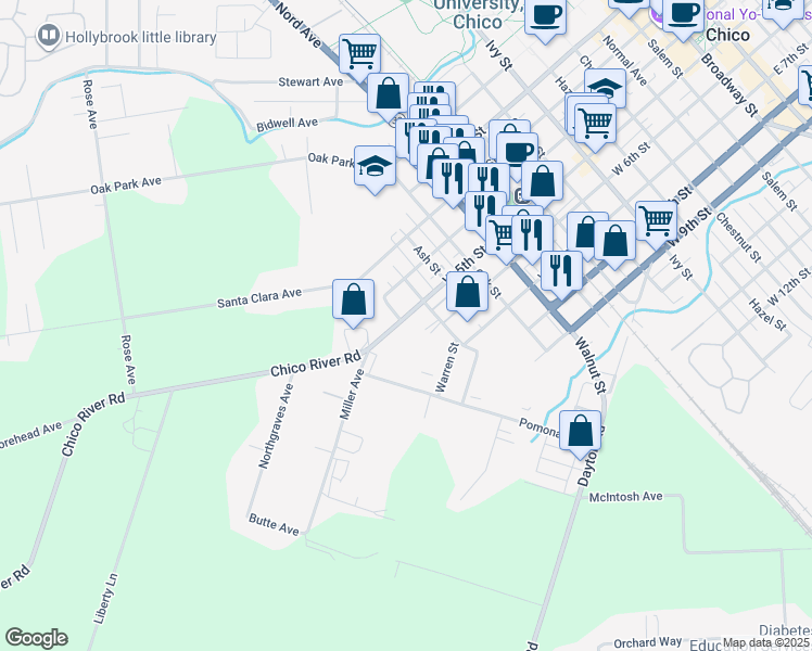 map of restaurants, bars, coffee shops, grocery stores, and more near 1501 West 5th Street in Chico