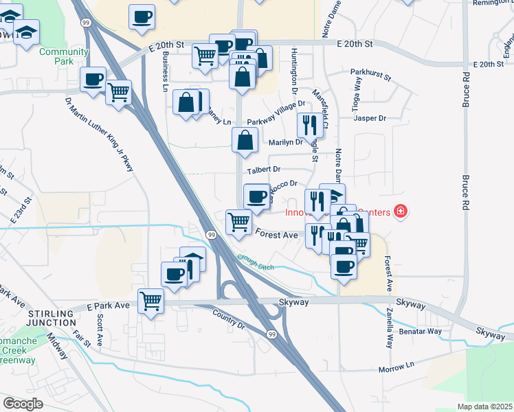 map of restaurants, bars, coffee shops, grocery stores, and more near 550 Flying V Street in Chico