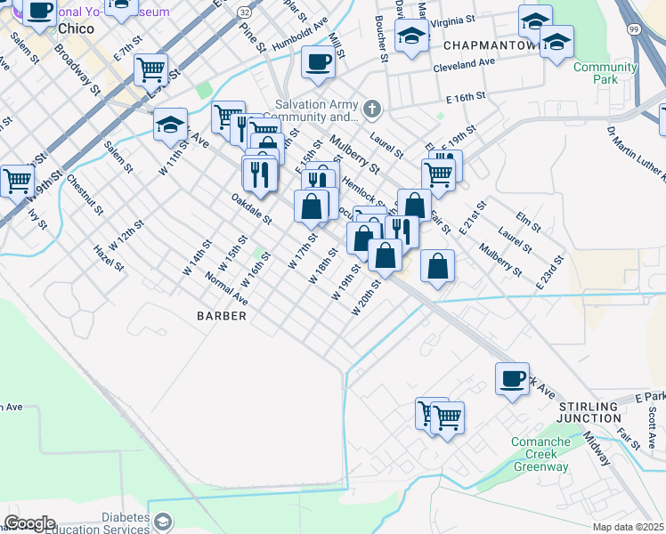 map of restaurants, bars, coffee shops, grocery stores, and more near 125 West 18th Street in Chico