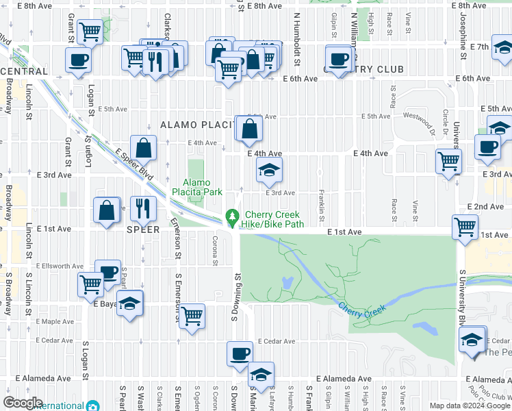 map of restaurants, bars, coffee shops, grocery stores, and more near 165 Marion Street in Denver