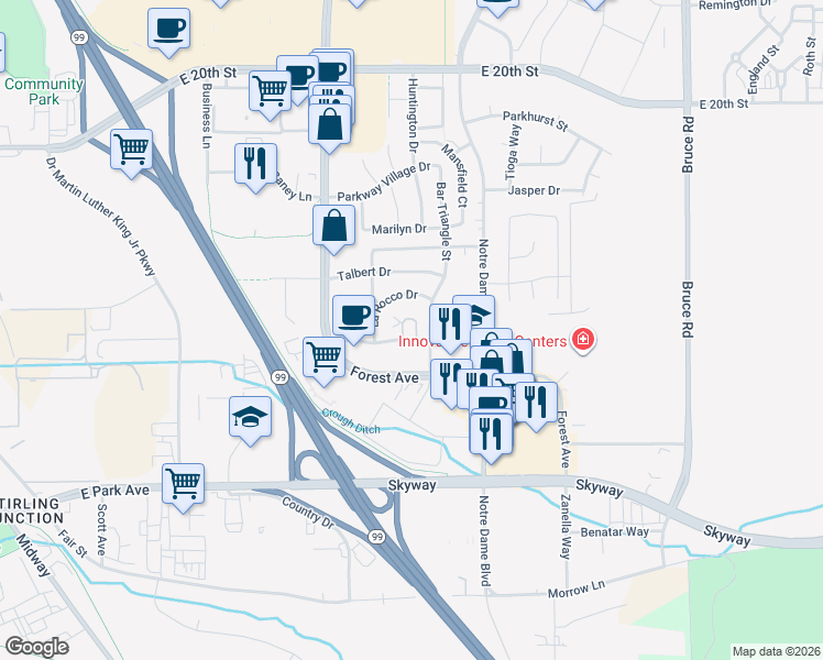map of restaurants, bars, coffee shops, grocery stores, and more near 27 Wrangler Court in Chico
