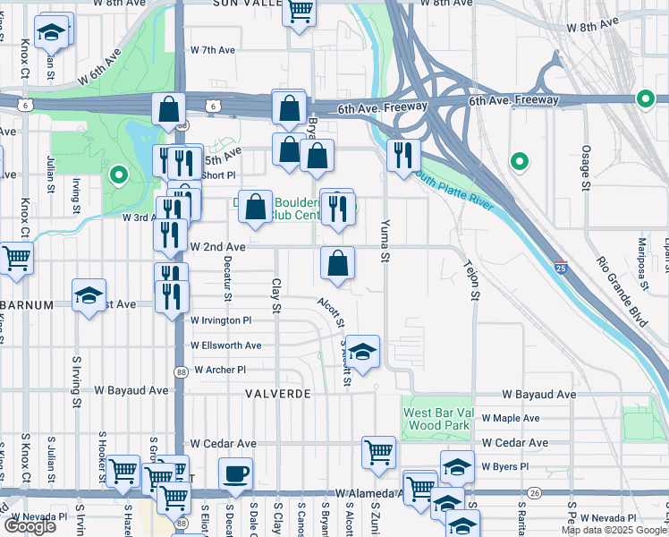 map of restaurants, bars, coffee shops, grocery stores, and more near 2550 West 2nd Avenue in Denver