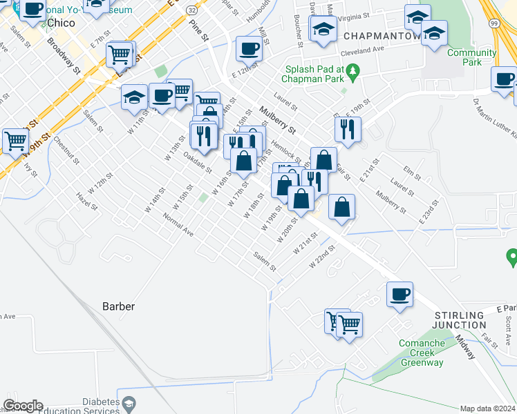 map of restaurants, bars, coffee shops, grocery stores, and more near 125 West 18th Street in Chico