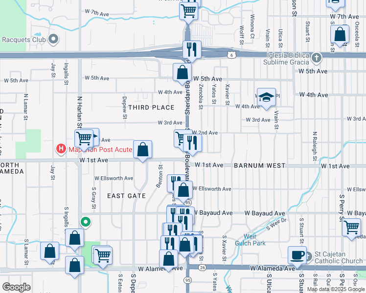 map of restaurants, bars, coffee shops, grocery stores, and more near 185 Colorado 95 in Lakewood