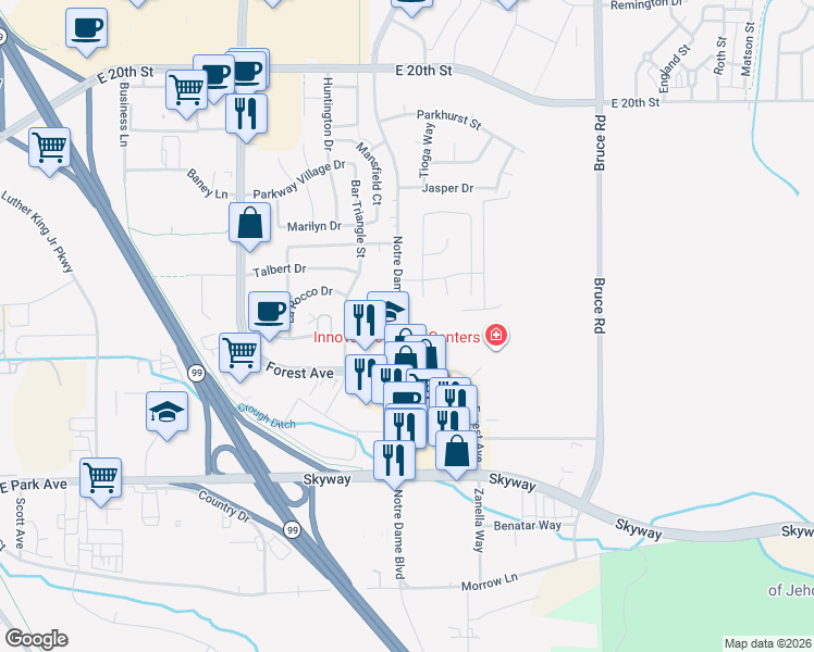 map of restaurants, bars, coffee shops, grocery stores, and more near 2375 Notre Dame Boulevard in Chico