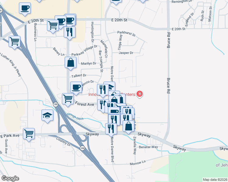 map of restaurants, bars, coffee shops, grocery stores, and more near 2375 Notre Dame Boulevard in Chico