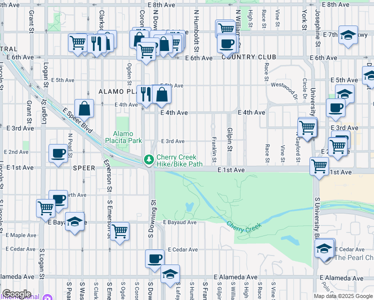 map of restaurants, bars, coffee shops, grocery stores, and more near 180 North Lafayette Street in Denver