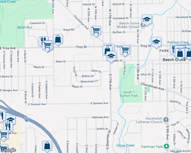 map of restaurants, bars, coffee shops, grocery stores, and more near 1967 Alton Street in Beech Grove
