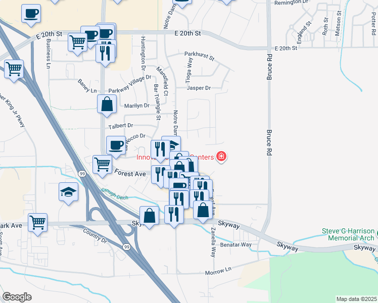 map of restaurants, bars, coffee shops, grocery stores, and more near 20 Fremont Street in Chico