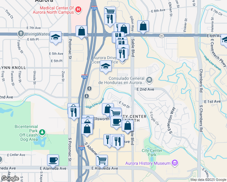 map of restaurants, bars, coffee shops, grocery stores, and more near 14333 East 1st Drive in Aurora