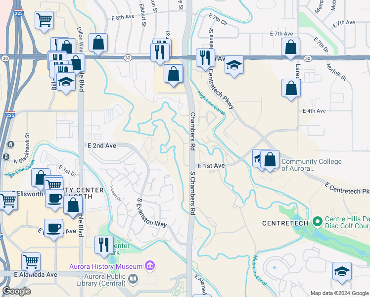 map of restaurants, bars, coffee shops, grocery stores, and more near 281 Granby Way in Aurora