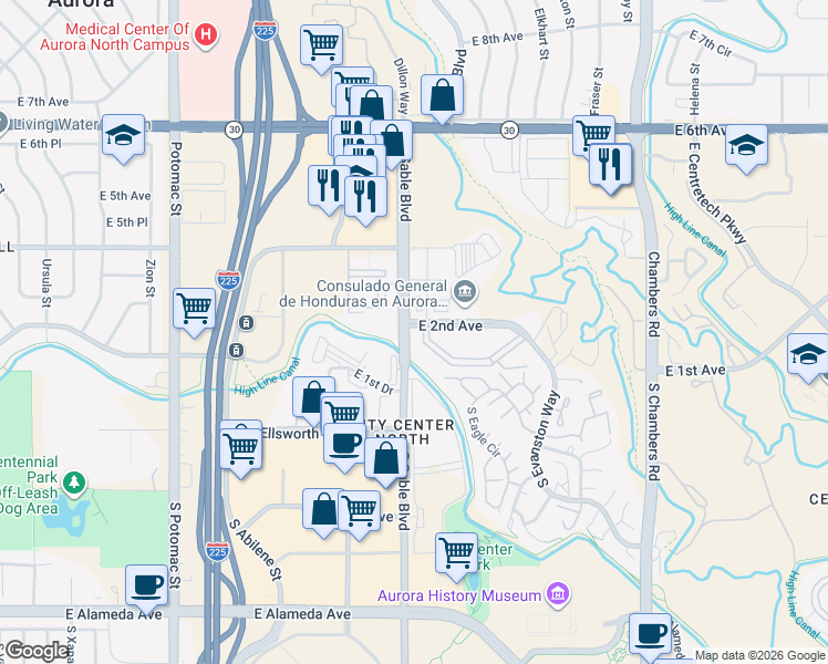 map of restaurants, bars, coffee shops, grocery stores, and more near 201 South Dearborn Circle in Aurora