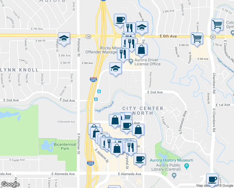 map of restaurants, bars, coffee shops, grocery stores, and more near 14333 East 1st Drive in Aurora