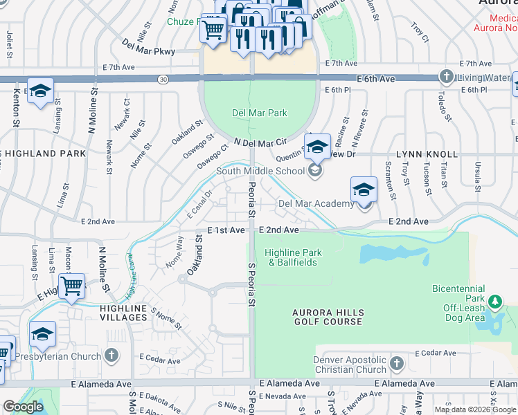map of restaurants, bars, coffee shops, grocery stores, and more near 12111 East 2nd Drive in Aurora