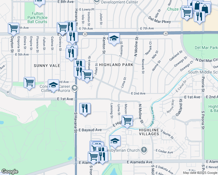 map of restaurants, bars, coffee shops, grocery stores, and more near 301 Lansing Street in Aurora