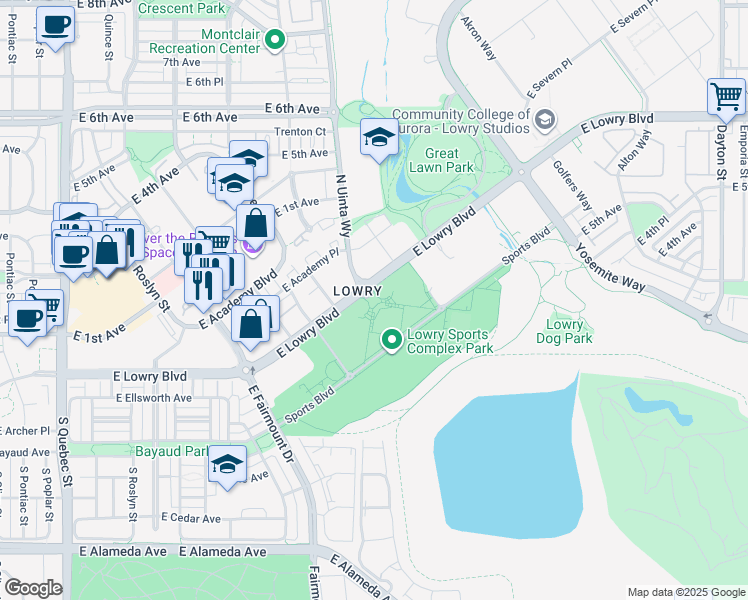 map of restaurants, bars, coffee shops, grocery stores, and more near in Denver