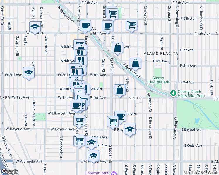 map of restaurants, bars, coffee shops, grocery stores, and more near 200 Grant Street in Denver