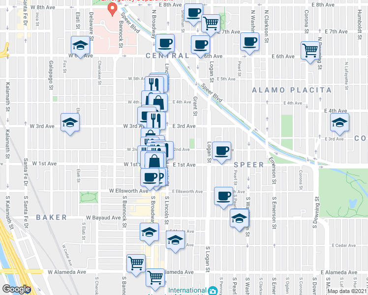 map of restaurants, bars, coffee shops, grocery stores, and more near 231 Sherman Street in Denver