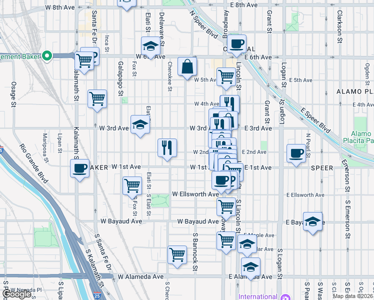 map of restaurants, bars, coffee shops, grocery stores, and more near 239 Bannock Street in Denver
