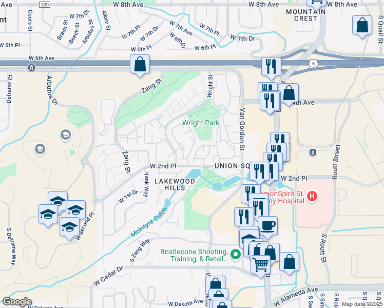 map of restaurants, bars, coffee shops, grocery stores, and more near in Lakewood
