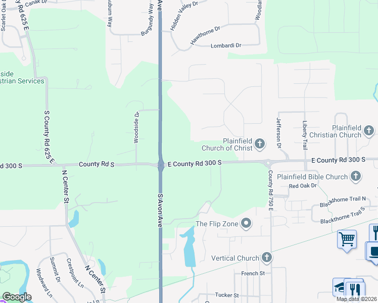 map of restaurants, bars, coffee shops, grocery stores, and more near 7126 East County Road 300 South in Plainfield