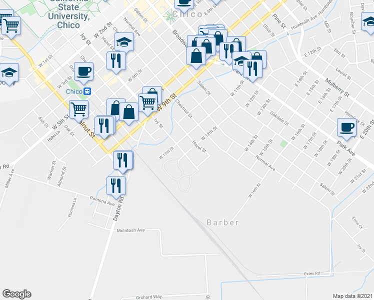 map of restaurants, bars, coffee shops, grocery stores, and more near 1149 Ivy Street in Chico