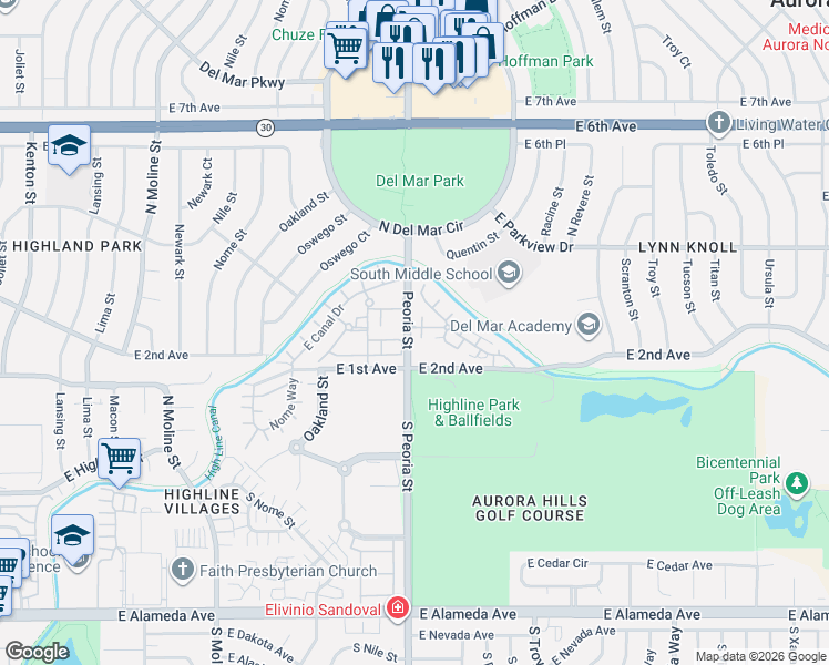 map of restaurants, bars, coffee shops, grocery stores, and more near 12106 East 2nd Drive in Aurora
