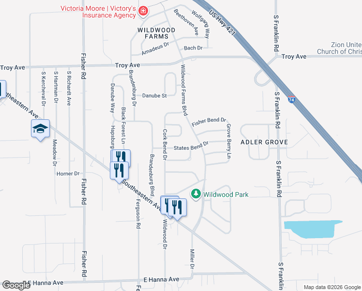 map of restaurants, bars, coffee shops, grocery stores, and more near 7923 Caraway Place in Indianapolis