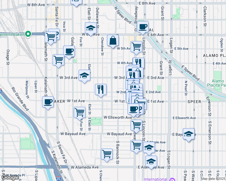 map of restaurants, bars, coffee shops, grocery stores, and more near 239 Bannock Street in Denver