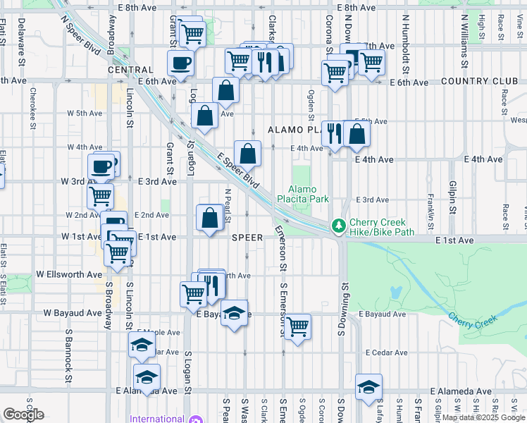 map of restaurants, bars, coffee shops, grocery stores, and more near 733 East 2nd Avenue in Denver