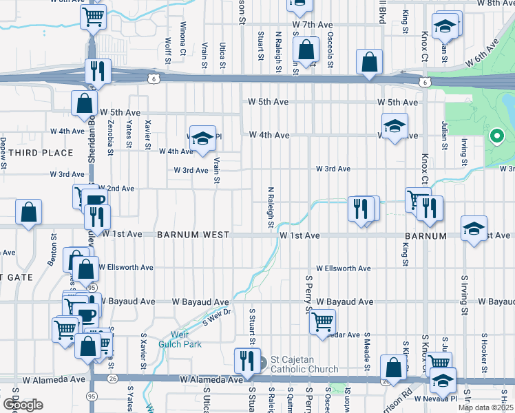 map of restaurants, bars, coffee shops, grocery stores, and more near 205 Stuart Street in Denver