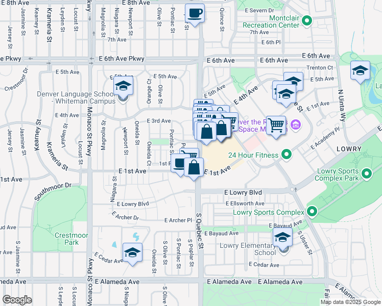 map of restaurants, bars, coffee shops, grocery stores, and more near 199 Quebec Street in Denver