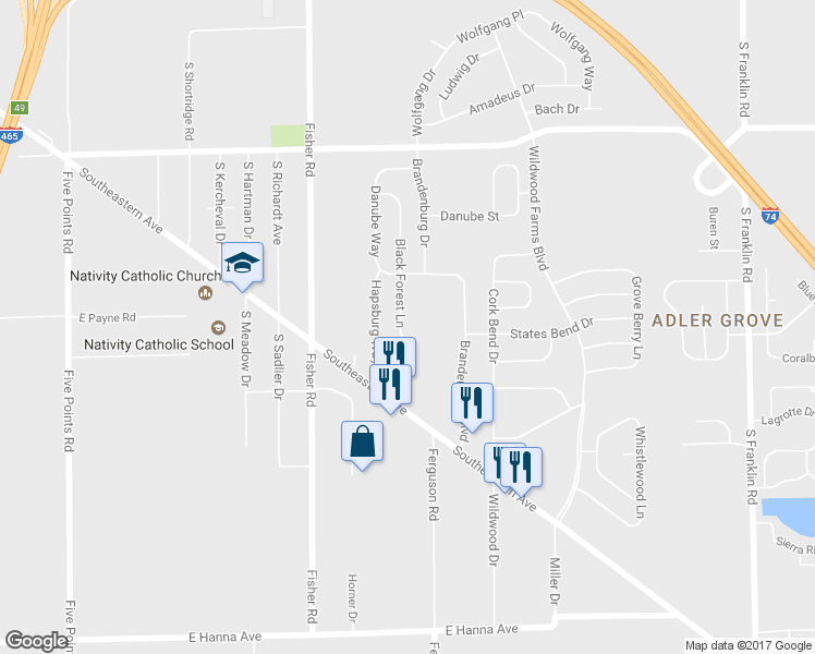 map of restaurants, bars, coffee shops, grocery stores, and more near 3359 Black Forest Lane in Indianapolis