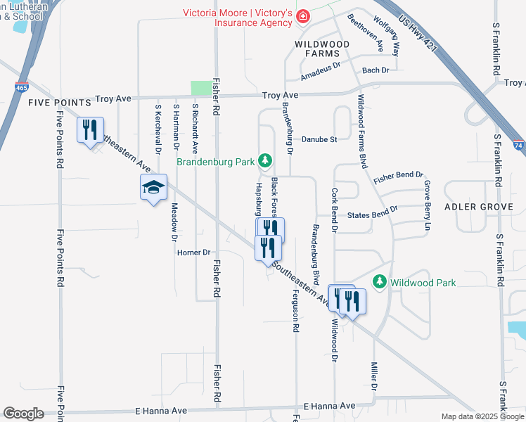 map of restaurants, bars, coffee shops, grocery stores, and more near 3363 Hapsburg Way in Indianapolis