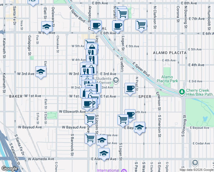 map of restaurants, bars, coffee shops, grocery stores, and more near 231 Sherman Street in Denver